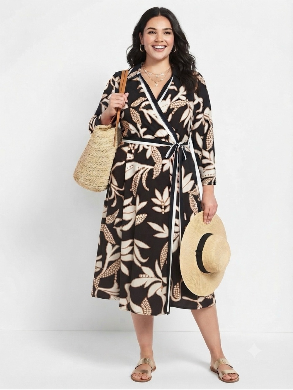 Lane Bryant Black, Cream & Brown Floral Wrap Dress 3/4 sleeve Wedding Guest